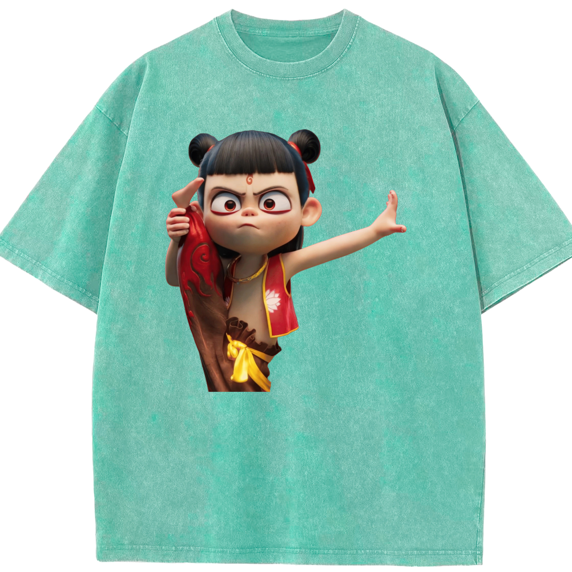 （画像用） Ne Zha 2 ナタ 魔童の大暴れ 綿100% ヴィンテージ風 半袖Tシャツ（フロントプリント）